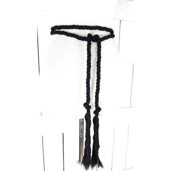 Black long woven braided rope knotted tassel chord tie belt main image 3